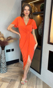 Burnt Orange Short Sleeve Ring Detail Wrap Midi Dress