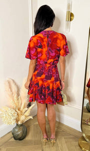 Orange And Purple Abstract Print Wrap Top Skater Mini Dress