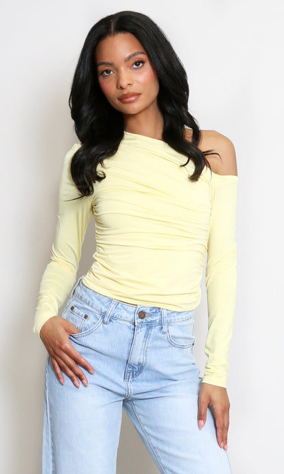 Yellow Long Sleeve Crop Top With Asymmetric Neckline