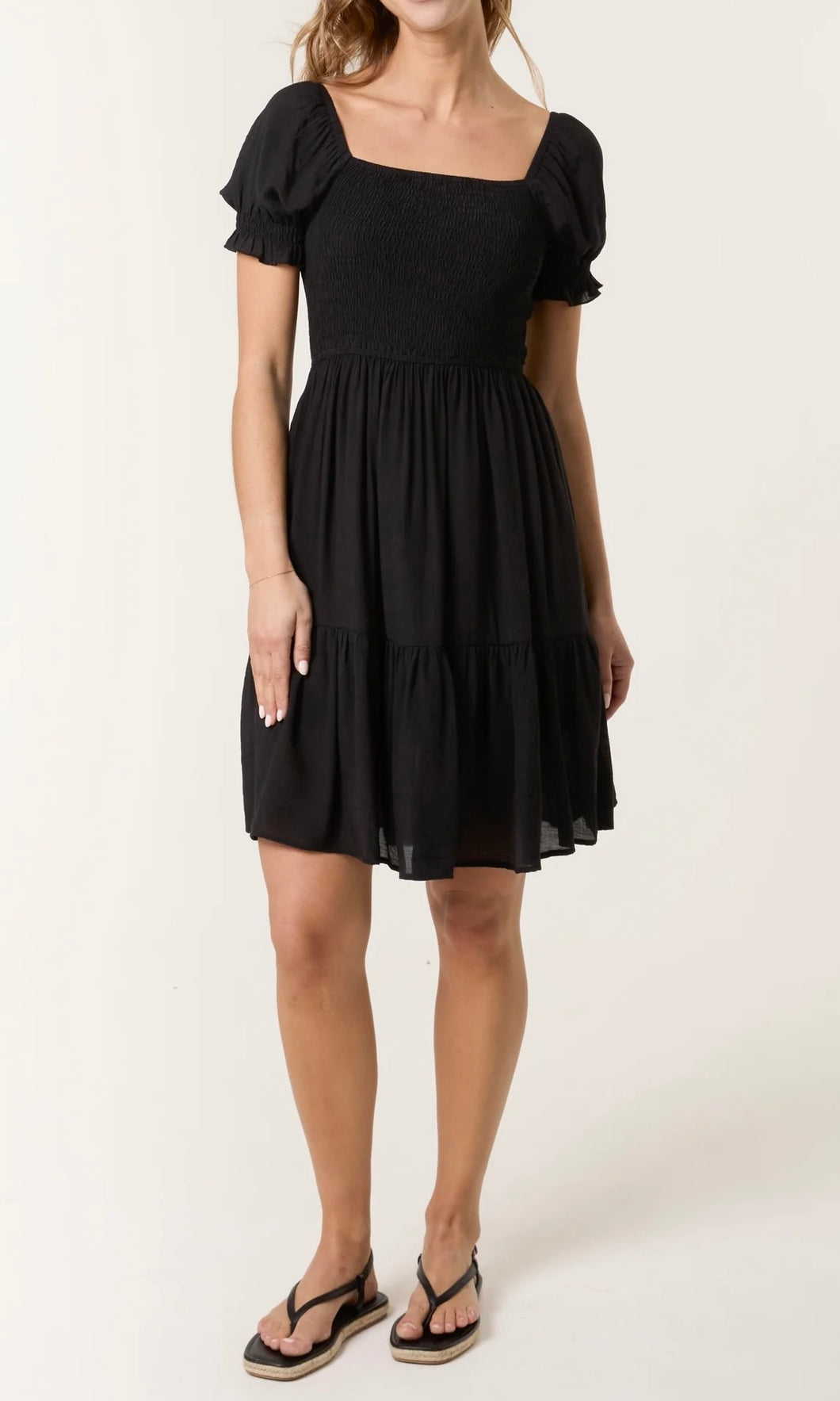 BLACK SHIRRED PUFF SLEEVE MINI DRESS