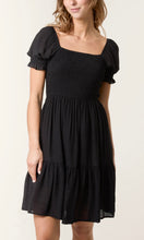 Load image into Gallery viewer, BLACK SHIRRED PUFF SLEEVE MINI DRESS