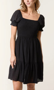 BLACK SHIRRED PUFF SLEEVE MINI DRESS
