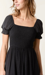BLACK SHIRRED PUFF SLEEVE MINI DRESS