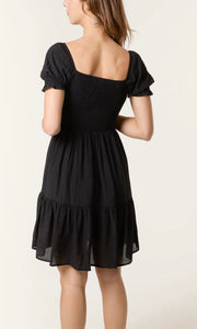 BLACK SHIRRED PUFF SLEEVE MINI DRESS