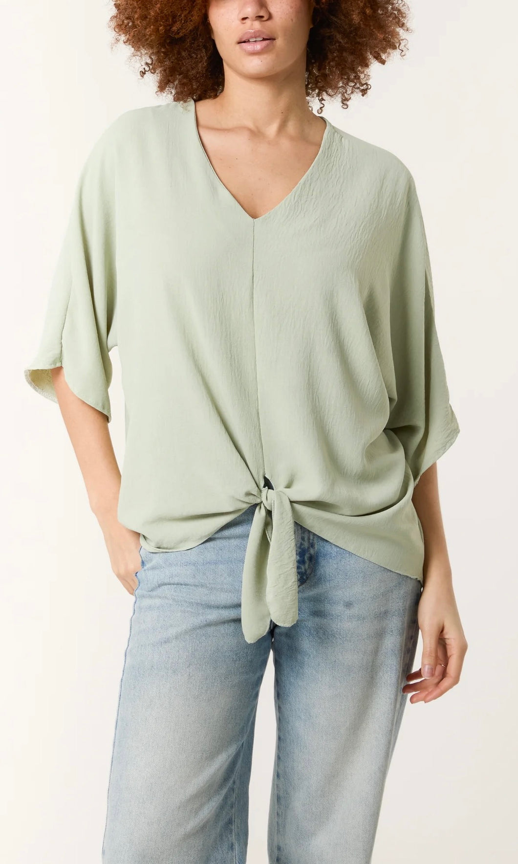 Sage V-Neck Tie Hem Top