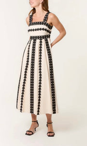 CREAM AND BLACK EMBROIDERY DETAIL STRAPPY MIDI DRESS