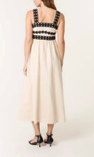 Load image into Gallery viewer, CREAM AND BLACK EMBROIDERY DETAIL STRAPPY MIDI DRESS