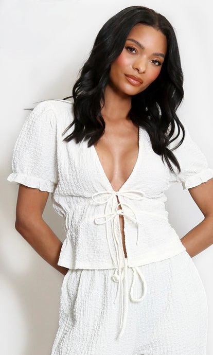 Cream Textured Tie Front Ruched Top