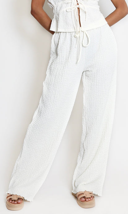 Cream Textured Elasticated Wide Leg Trousers