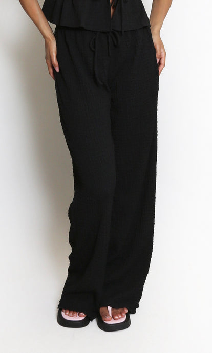 Black Textured Elasticated Wide Leg Trousers