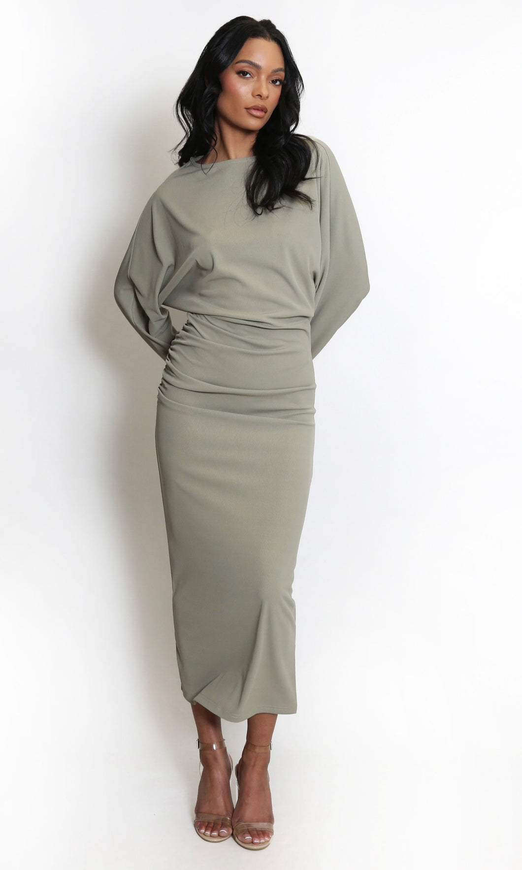 Sage Long Sleeve Ruched Draped Midi Dress