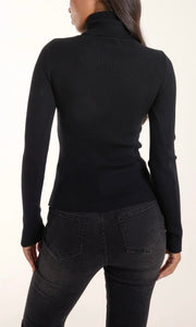 BLACK ROLL NECK RIBBED JUMPER