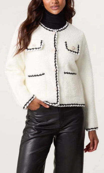 PEARL BUTTON CONTRAST TRIM KNIT CARDIGAN