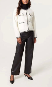 PEARL BUTTON CONTRAST TRIM KNIT CARDIGAN