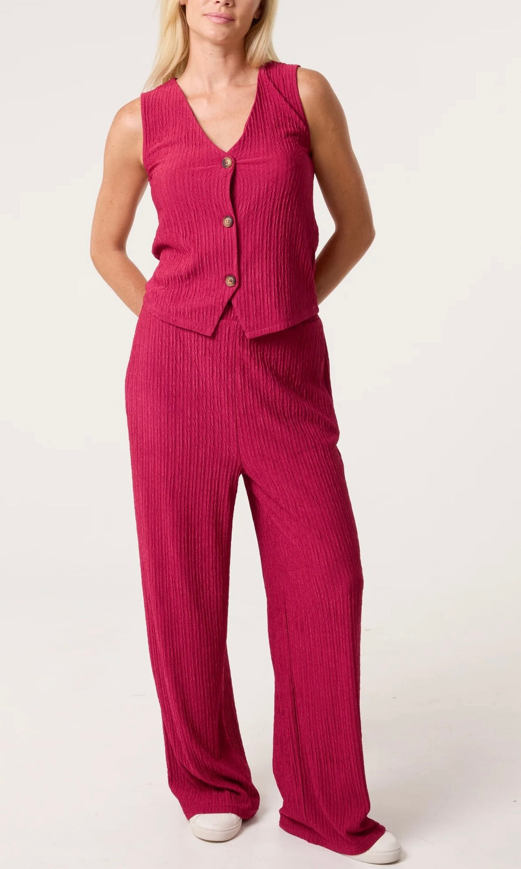 BERRY TEXTURED BUTTON-UP WAISTCOAT & TROUSER CO - ORD SET
