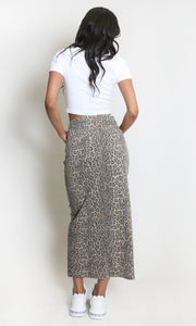 Leopard Denim Front Slit Skirt