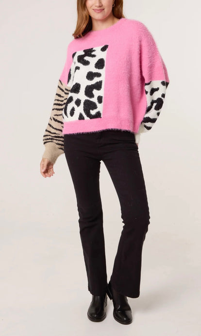 PINK LEOPARD AND ZEBRA ABSTRACT JUMPER