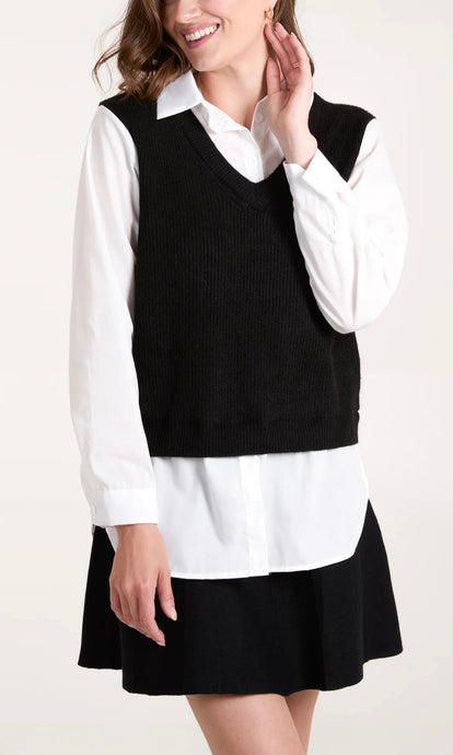 BLACK V-NECK KNIT VEST WITH SHIRT