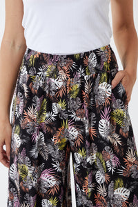 Shirring Waist Wide Leg Leaf Print Jersey Trouser