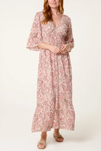 Load image into Gallery viewer, Pink V Neck Shirred Paisley Dress