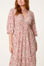 Load image into Gallery viewer, Pink V Neck Shirred Paisley Dress