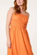 Load image into Gallery viewer, Orange Ruched Strappy Midi Dress