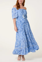 Load image into Gallery viewer, Blue Paisley Bardot Dress