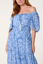 Load image into Gallery viewer, Blue Paisley Bardot Dress