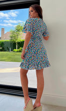 Load image into Gallery viewer, Fiora Blue Ditsy Print Angel Sleeve Frill Mini Dress