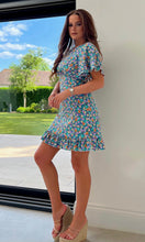 Load image into Gallery viewer, Fiora Blue Ditsy Print Angel Sleeve Frill Mini Dress