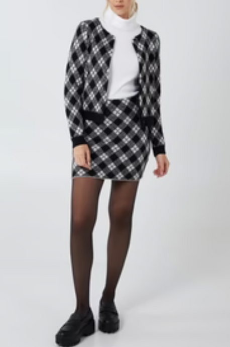 BLACK AND WHITE ARGYLE SKIRT AND CARDI KNITTED CO ORD SETj