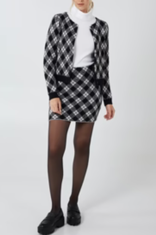 BLACK AND WHITE ARGYLE SKIRT AND CARDI KNITTED CO ORD SETj