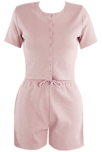 Pink Ribbed Button Front Top And Shorts Set