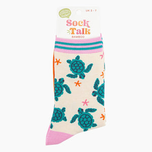 Women's Bamboo Socks - Cream, Sea Turtles and Starfish: UK 3-7 | EU 36-40 | US 5-9