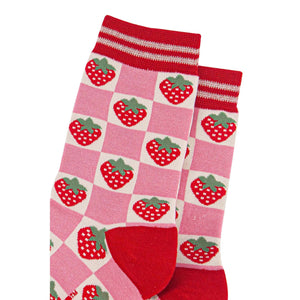 Women's Bamboo Socks - Pink/Red, Checked Strawberry: UK 3-7 | EU 36-40 | US 5-9