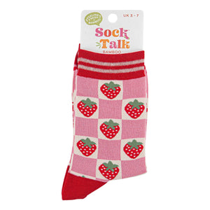 Women's Bamboo Socks - Pink/Red, Checked Strawberry: UK 3-7 | EU 36-40 | US 5-9