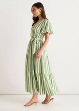 Load image into Gallery viewer, Sage Green Stripe Wrap Belted Viscose Midi Dress: UK 12 / US 8 / EU 40