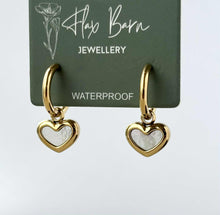 Load image into Gallery viewer, Tarnish Resistant Pearlescent Heart Huggies: Gold