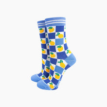 Load image into Gallery viewer, Lemon Checkerboard Bamboo Socks in Blue