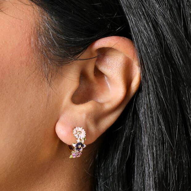 Multicoloured Enamel Floral Huggie Hoop Earrings in Gold