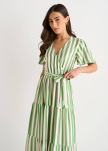 Load image into Gallery viewer, Sage Green Stripe Wrap Belted Viscose Midi Dress: UK 12 / US 8 / EU 40
