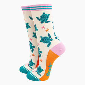 Women's Bamboo Socks - Cream, Sea Turtles and Starfish: UK 3-7 | EU 36-40 | US 5-9