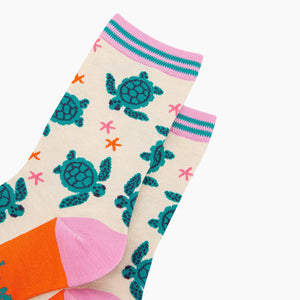 Women's Bamboo Socks - Cream, Sea Turtles and Starfish: UK 3-7 | EU 36-40 | US 5-9