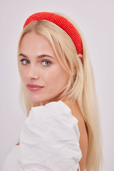 Solid Beaded Headband in Red: Red
