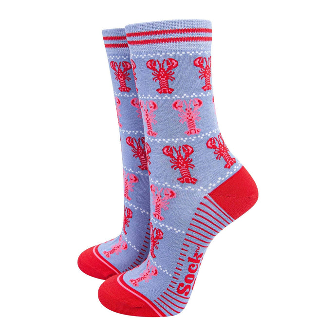 Women's Bamboo Socks - Light Blue/Red, Lobsters: UK 3-7 | EU 36-40 | US 5-9
