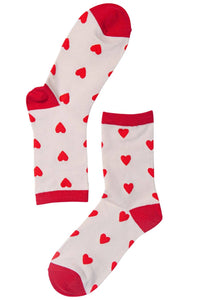 Womens Bamboo Socks Red Love Hearts Novelty Ankle Sock Cream