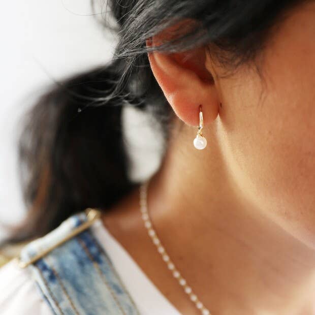 Glass Pearl Huggie Hoop Earrings: Gold