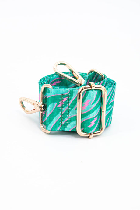 Two Tone Zebra and Lightning Bolt Bag Strap in Green & Pink: One-size