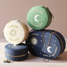 Load image into Gallery viewer, Sun and Moon Embroidered Round Jewellery Case in Green