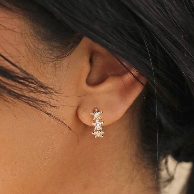 Crystal Triple Star Huggie Earrings: Silver